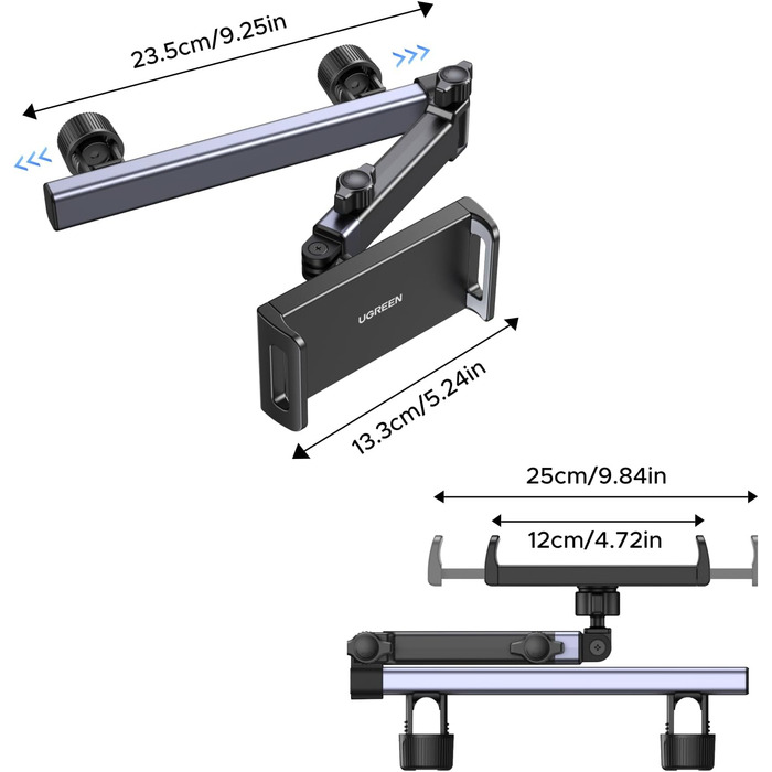 Тримач для планшета UGREEN в авто: 360° обертання, складна конструкція, універсальний для iPad, iPhone, Switch, Kindle (4.7-9.8 дюймів)