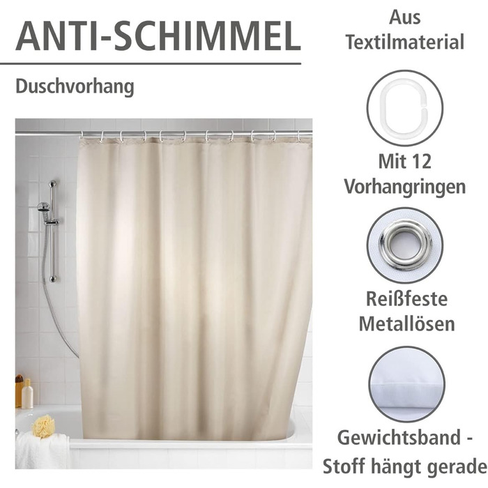 Штора для душу WENKO Anti-Schimmel, текстильна, антигрибкова, водонепроникна, з кільцями, 180x200 см, бежева