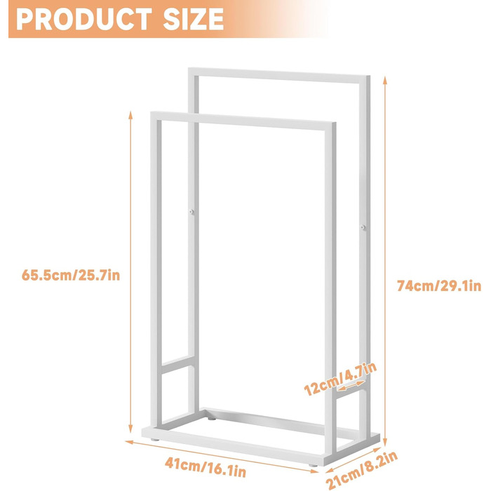 Підставка для рушників на підлозі, металева, з 2 перекладинами, для ванної кімнати, стабільна, економна, індустріальний стиль (білий)