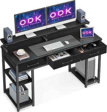 Комп'ютерний стіл ODK з висувними шухлядами та полицею, 120x50x90 см, чорний геймерський стіл з підставкою для монітора, письмовий стіл для дому та офісу