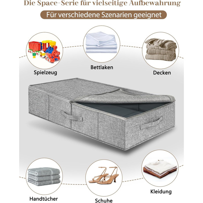 Коробки для зберігання під ліжко MePure, сірі, 2 шт. – 50л, з кришкою та блискавкою, для одягу, ковдр, постільної білизни, подушок, 76×38×17 см