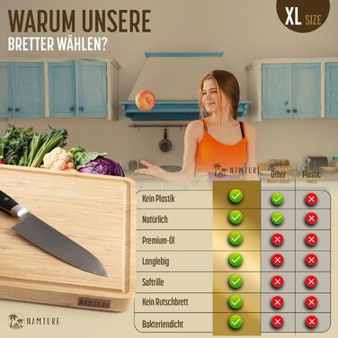 Обробна дошка Stirnholz з бамбуку, XL (45x30 см) – преміум якість, з жолобком для соку, антиковзні ніжки, в подарунковій коробці