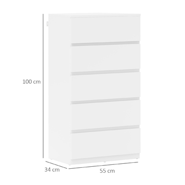 HOMCOM Chest of Drawers/Dresser/Sideboard with 5 Drawers, Office Cabinet with Tip-Proof Pull Handles, for Living Room, Bedroom, White, 55 x 34 x 100 cm | Aosom