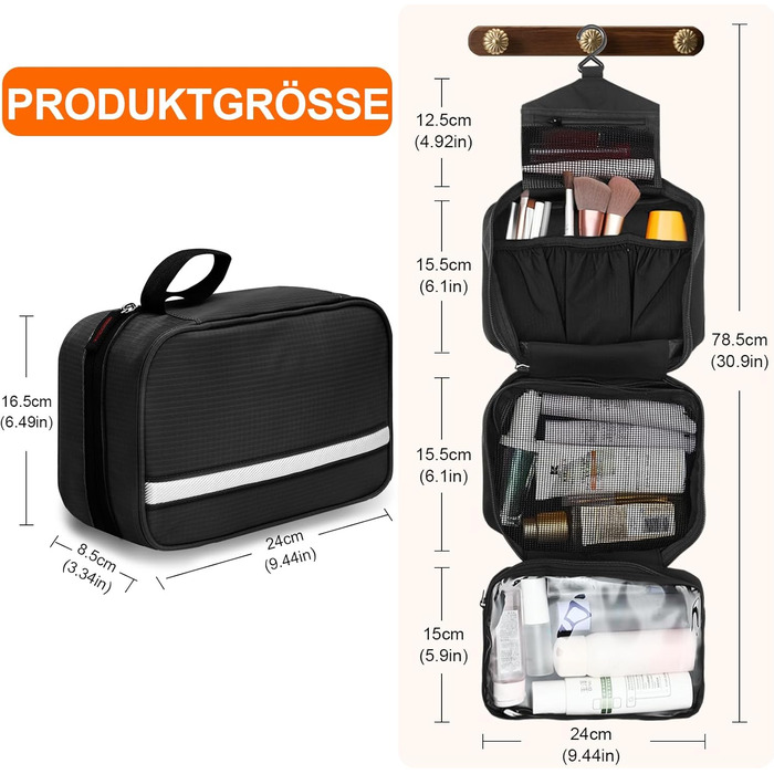 Чоловіча та жіноча косметичка для подорожей з відділеннями, водонепроникна, з гачком, зелена (чорна)