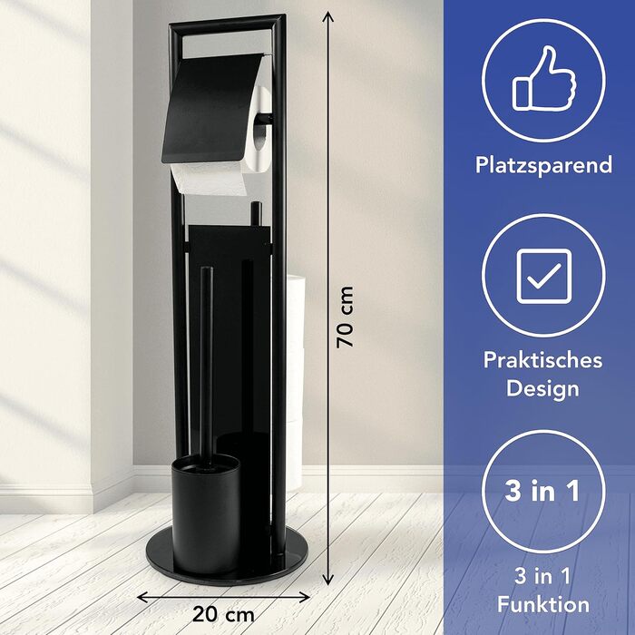 Набір для туалету WENKO Ravina 3-в-1 з тримачем туалетного паперу та щіткою, нержавіюча сталь, чорний, Ø 20 x 70 см