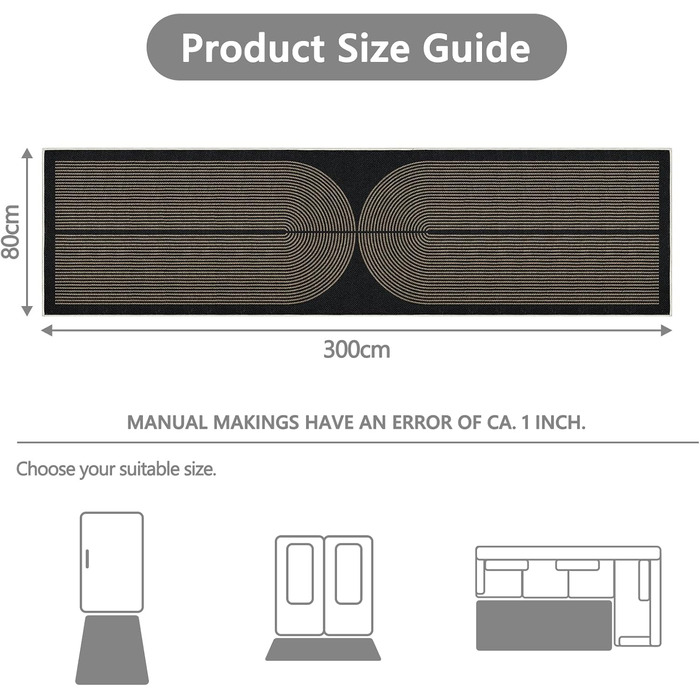 Килимок-лаунфер для підлоги 80x200 см з джуту, чорний/натуральний, для кухні, коридору, спальні, балкону