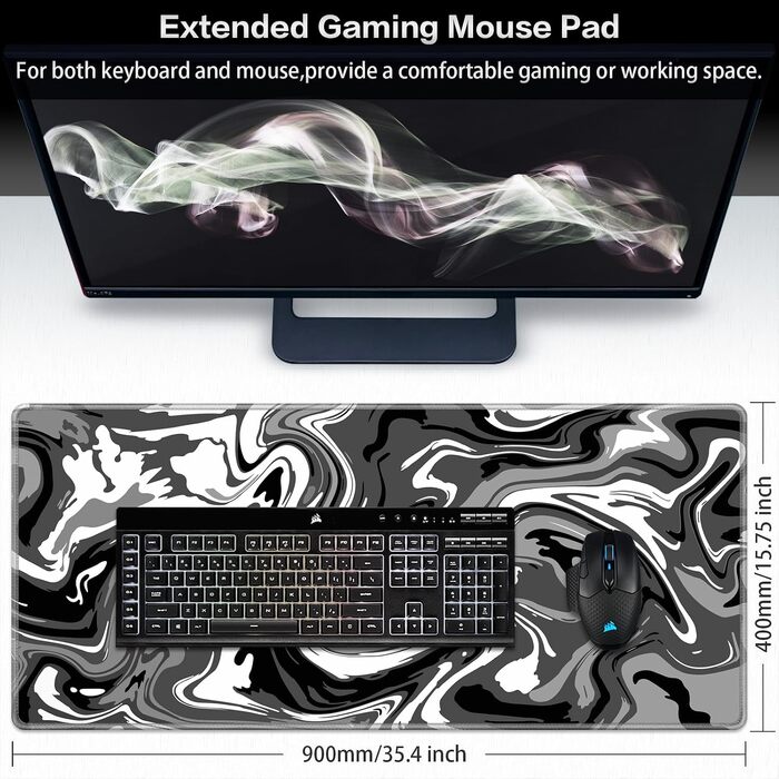 Ігровий килимок для миші Abetcabe Gaming XXL, підкладка на стіл 900 x 400 мм, чорно-сірий Fluid