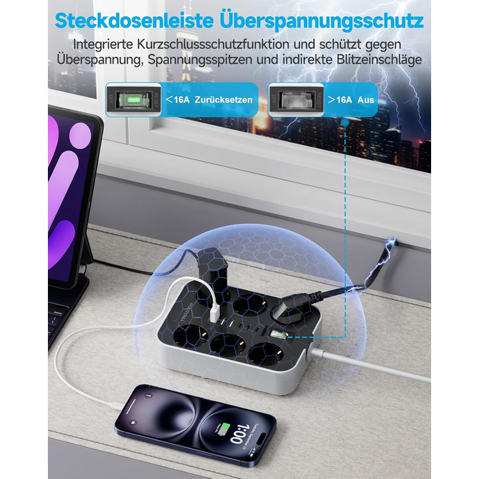 Мережевий фільтр 6-фазний з USB (3 USB-A, 3 USB-C), настінний, з вимикачем та кабелем 2м, захист від перенапруги, чорний