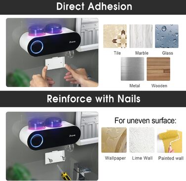 Тримач для зубних щіток iHave на стіну з УФ-дезінфекцією, для електричної зубної щітки, розумне аксесуар для ванної кімнати, 3 стаканчика, дозатор пасти (чорний, 2 стаканчика)