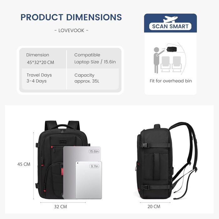 LOVEVOOK Рюкзак ручної об'єм 40л для подорожей, чоловічий/жіночий, з відділенням для ноутбука, Carry On, Cabin Bag (Чорно-сірий, L 45x32x20 см)