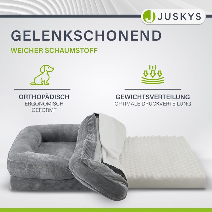 Juskys Dog Bed Sheena L Orthopedic, Washable & Non-Slip - 98 x 70 x 17 cm - Fluffy Dog Sofa for Medium-Sized Dogs Grey - Pet Bed Dog Sofa (L 72 x W 60 x H 17 cm)