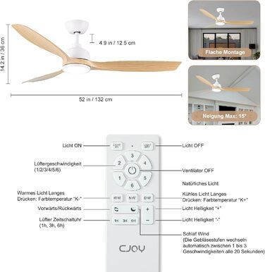 Стеляний вентилятор CJOY з підсвічуванням, 107 см, з пультом керування, DC, безшумний, з функцією зміни напрямку обертання, пам'ять 3CCT, регульована яскравість, 6 швидкостей, таймер для спальні (132 см, біле дерево)