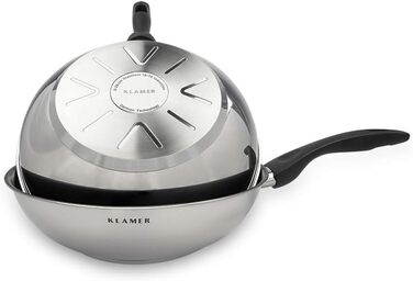 KLAMER Wok з нержавіючої сталі з антипригарним покриттям, професійний, для індукційних плит, з високим бортиком, сумісний з духовкою та посудомийною машиною