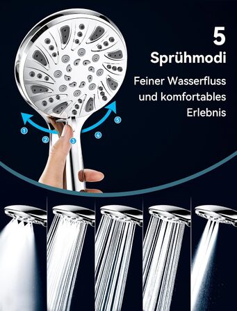 Насадка для душу Magichome з шлангом 2м, високого тиску, 5 режимів розпилення, турбо-дизайн, економна водозбереження, ручна лійка для душу з низьким тиском води (срібна з шлангом)