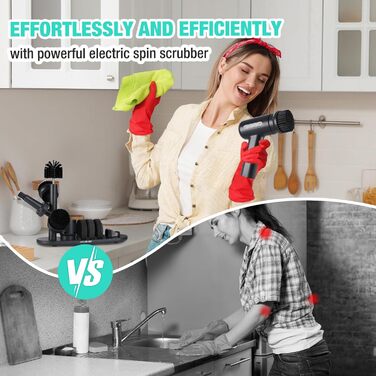 Електрична щітка для прибирання HAUSHOF з акумулятором, підставка, LCD дисплей, 3 швидкості, скрубер з 7 насадками та точилка для ножів, для ванної, кухні, плитки