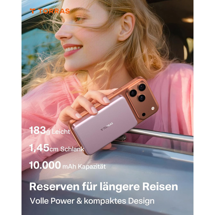 Портативний зарядний пристрій TORRAS MiniMag MagSafe, 10000mAh, 22.5W, з магнітним кріпленням, рожевий. Power Bank для iPhone 17 Pro Max/Air/16/15/14/13/12, Wüsten Titan.