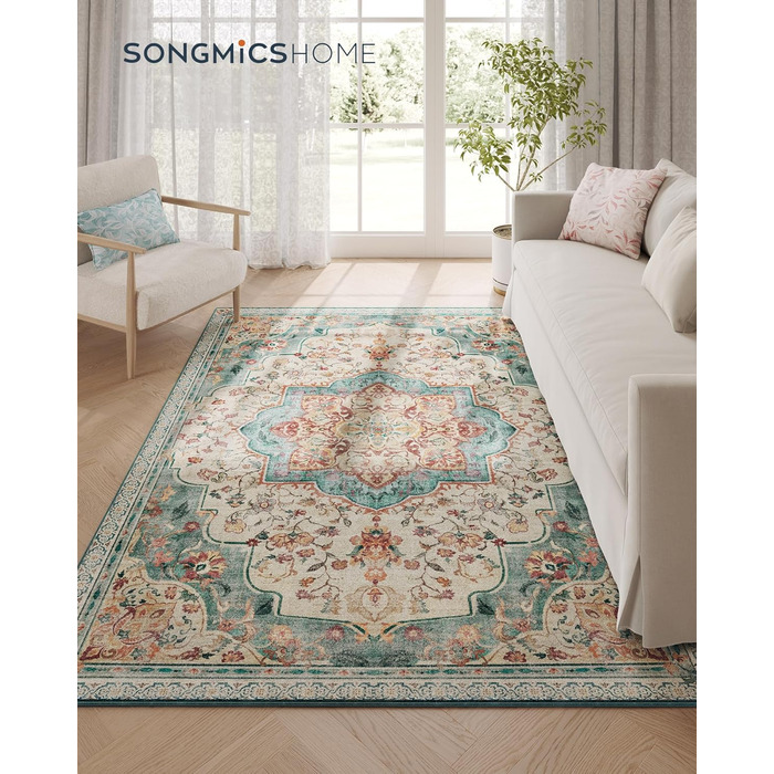 Килим SONGMICS HOME Vintage, 120x170 см, для вітальні, спальні, кухні, коридору, їдальні, миючий, з антиковзаючим покриттям, аквамарин (TAR032G01)
