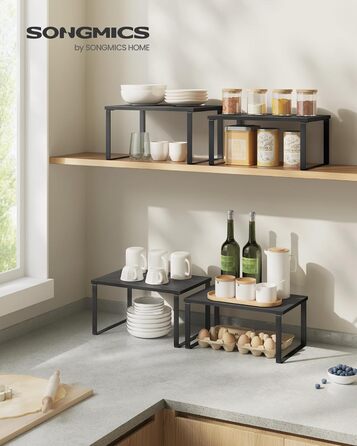 SONGMICS Spice Rack, 4-Piece Set, Kitchen Shelf, Kitchen Organizer, Expandable, Spice Holder, Stackable, with Metal Frame, 19.5 x 29.7 x 15.8 cm, Ink Black + Natural Beige KCS10NB (Ink Black + Ebony Black, 29.7B cm)