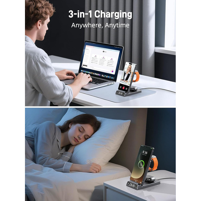 Бездротова зарядка для Samsung з годинником: станція для Galaxy S25 Ultra/S24/Z Fold 6/Flip 7/Bud, Watch, Galaxy Watch 8/7/6/5Pro, 3 в 1, сірий