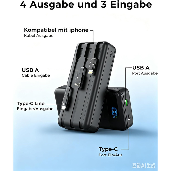 Power Bank Enerwow 27000mAh з USB-C кабелем, 4 порти, LED-дисплей - Зовнішній акумулятор для iPhone та інших пристроїв (Чорний, P300C)
