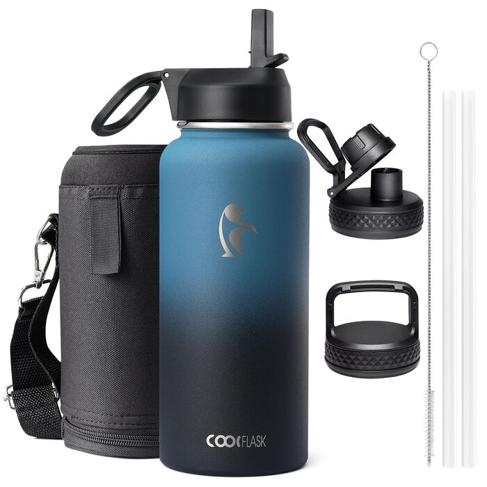 Пляшка для води Coolflask 2л з соломинкою та 3 кришками, ізольована нержавіюча сталь для спорту/офісу, подвійний захист від протікання