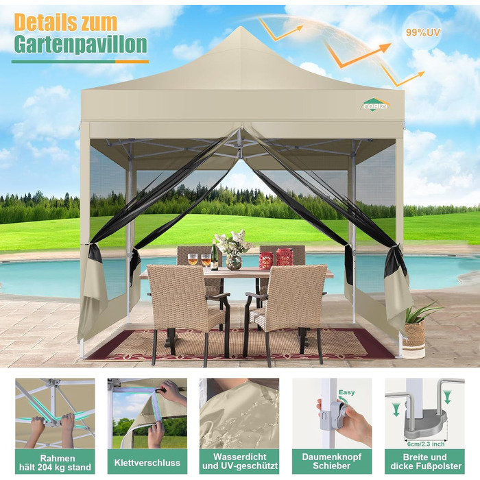COBIZI Pavilion 3x3m Foldable, Waterproof & Winterproof (Khaki) – Stable Garden Tent with 23mm Steel Pipe, UV50+ and Mosquito Nets for Camping/Parties + Carrying Bag