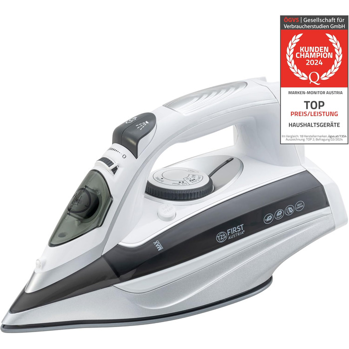 Парове прасування TZS First Austria I 3100W з керамічною підошвою, самоочищенням, вертикальним прасуванням, захистом від накипу, сухим прасуванням, резервуар 0,45л, 1,4 кг, сірий/білий