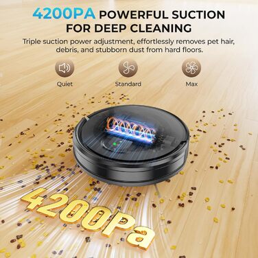 Робот-пилосос з функцією миття, 4200Pa, 130 хв роботи, для високих порогів, гладких поверхонь та тиха робота, система захисту від заплутування, керування через додаток/Alexa/Wi-Fi, для шерсті тварин, килимів та підлоги, чорний