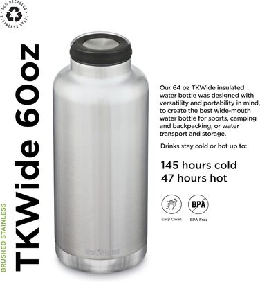 KleanKanteen® TKWide V Drinking Bottle Brushed Stainless Steel, One Size