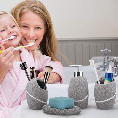 Набір аксесуарів для ванної кімнати L'ARL GMVOI, 4 шт., з мармуром (граніт), включає: тримач для зубних щіток, дозатор мила, стакан, мильниця. Білий колір. Для дому та декору.