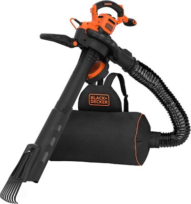 Black+Decker 3-in-1 Electric Leaf Blower/Vacuum BEBLV301 (3,000 Watts, with Shredder + attachable leaf rake, 72L collection bag backpack - high blowing speed & adjustable suction power)
