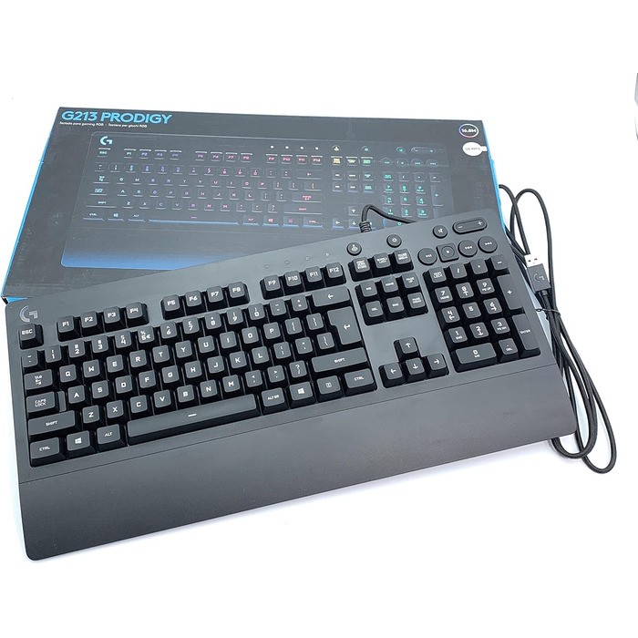 Ігрова клавіатура Logitech G213 Prodigy з RGB-підсвічуванням, програмовані клавіші G, мультимедійне керування, підставка для зап'ястя, захист від бризок, німецька QWERTZ-розкладка - Чорний QWERTZ, німецька версія