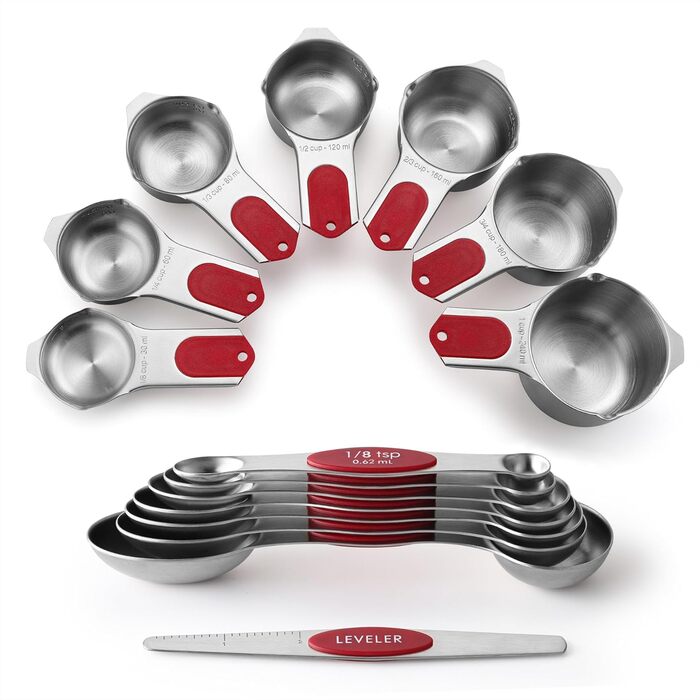 Spring Chef Magnetic Measuring Cup and Spoon Set (Patent Pending), strong N45 magnets, durable stainless steel, fits spice jars for baking & cooking, BPA-free, round, 15-piece set with