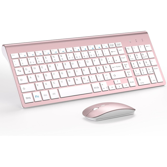 Комплект клавіатури та миші TopMate 2.4G Ultra Slim: тиха клавіатура з перемикачами Schissschalter та миша 2400DPI USB, з чохлом та батарейками AA/AAA, для ПК/ноутбука/Windows/Mac (Рожеве золото, Білий)