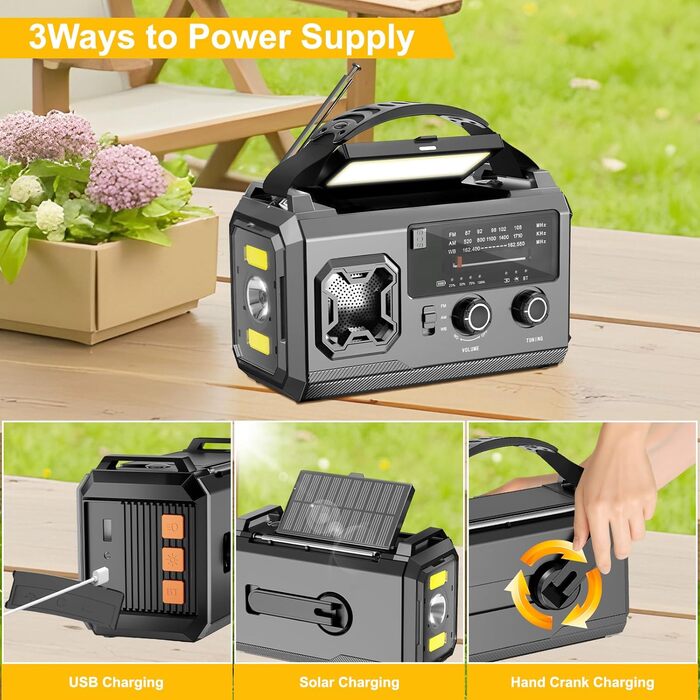 Радіо Kurbelradio на сонячній батареї 27000mAh з Bluetooth, FM/AM, SOS-сигналом, ліхтариком та компасом для кемпінгу та надзвичайних ситуацій, армійсько-зелений колір