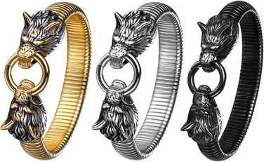 Чоловічий браслет JewelryWe з нержавіючої сталі з вовком, плетіння, стиль вікінг/байкер, відкритий браслет, срібло/золото/чорний, еластичний