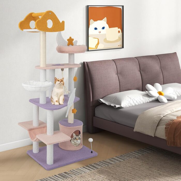 Дерев'яний кігтеточка для котів Costway з будиночком, гамаком та мотузкою, активний комплекс для котів, фіолетово-рожевий (48x68x167см)