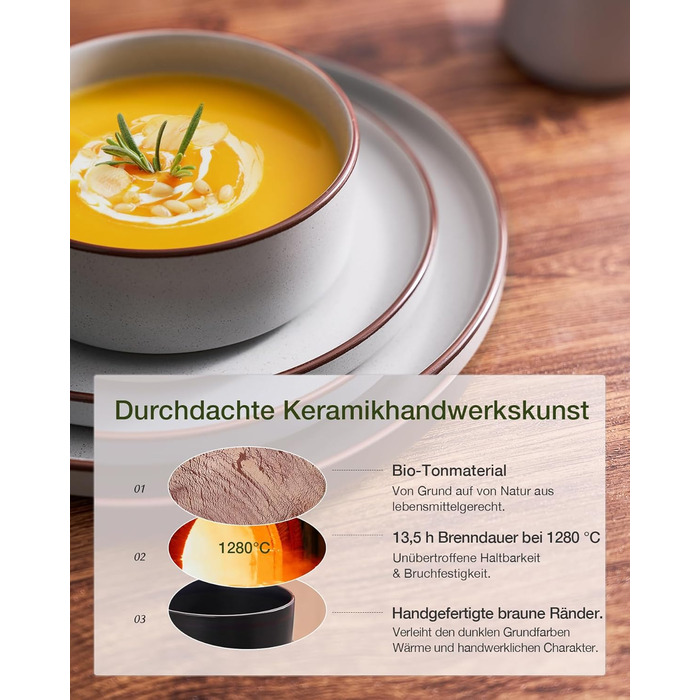 Набір посуду Mercury, 12 предметів: тарілки, супові миски, десертні тарілки, для 4 осіб, з каменю, стійкий до мікрохвильової печі та миття в посудомийній машині, колір сірий (N-Set 18 предметів, 6 осіб)