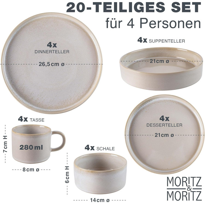 Набір посуду Moritz & Moritz CASTELLO на 4 особи (20 предметів) - керамічний посуд бежевого кольору (4 тарілки, 4 десертні тарілки, 4 супові тарілки, 4 миски, 4 чашки)