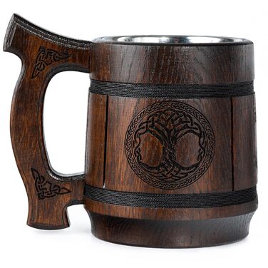 Діжка TESLYAR Вікінг 0.6 л з дуба - середньовічна діжка для пива, кружка, кухоль з гравіюванням молота Тора, руни. Ідеальний подарунок для чоловіків, дерев'яний кухоль.