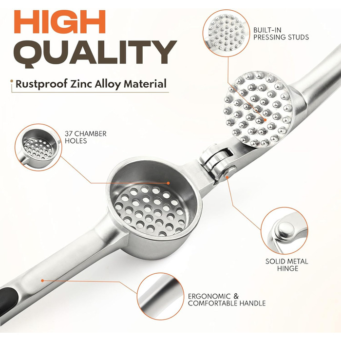 Прес для часнику з нержавіючої сталі, високоякісний, стійкий до іржі та придатний для миття в посудомийній машині, довговічний набір для подрібнення часнику з очищувачем та щіткою, матовий