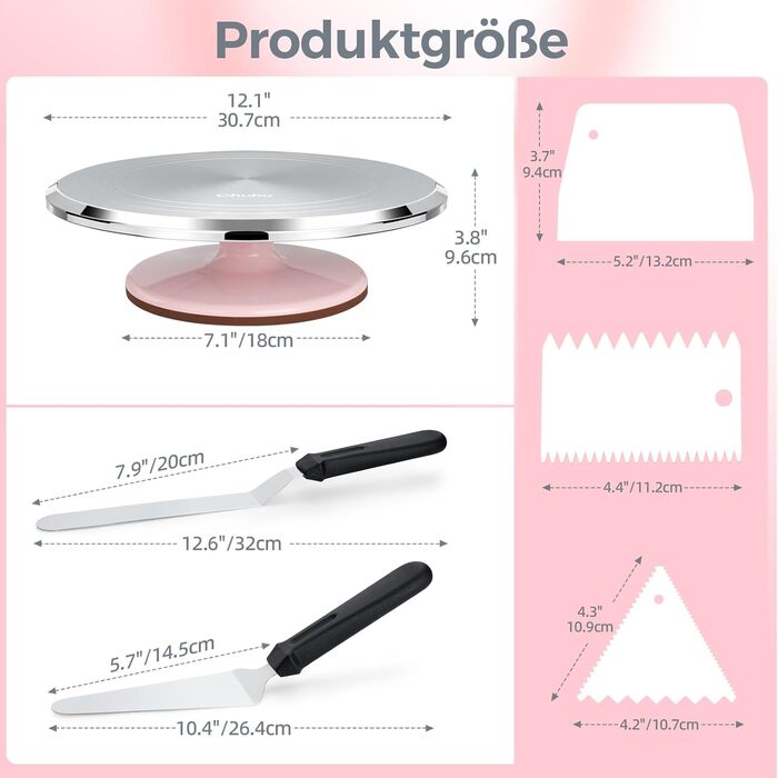 Ohuhu Поворотна платформа для тортів, 30 см, з лопатками та скребками, рожева | Для декорування та випікання