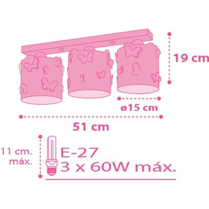 Ceiling light, 3-light, Design: Butterfly, 51 x 15 x 19 cm, Pink