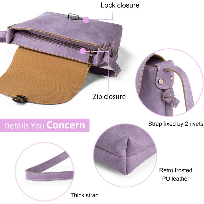 Сумка жіноча через плече Kleine Umhängetasche, екошкіра, маленька крос-боді, світло-лілова. Замок для безпеки