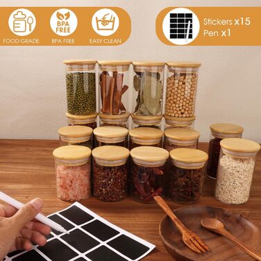 Набір скляних банок для спецій Cinnani 250 мл (12 шт) з дерев'яними кришками, герметичні, з етикетками