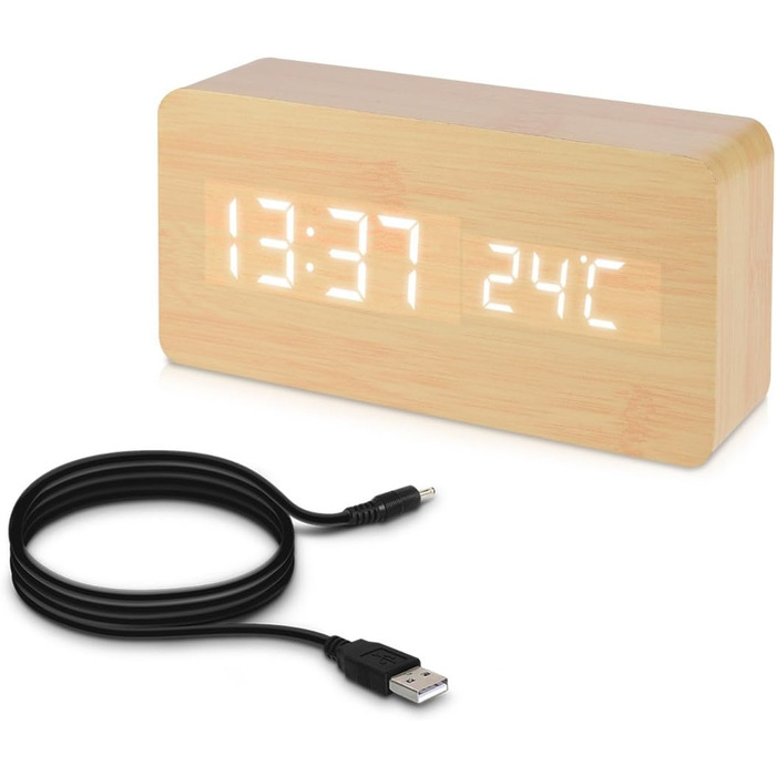 kwmobile Wooden-Look Digital Alarm Clock - Digital Clock with Time, Temperature, and Date Display - Alarm Clock with USB Cable in Birch with White LEDs