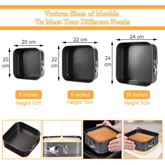 Набір форм для випікання тортів та кексів, квадратні, чорні, металеві, знімний дно, антипригарне покриття