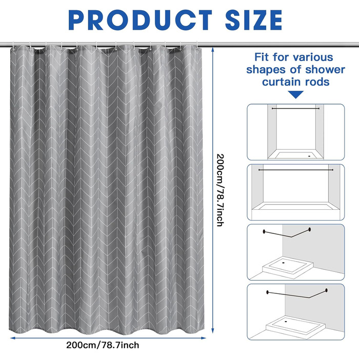 Штора для душу сіра водовідштовхувальна, миється, 180-300 см, широка, 200 см, з принтом крапель, з вантажами, сіра, антигрибкова, з поліестеру (H200 x B200 см, 1 шт.)
