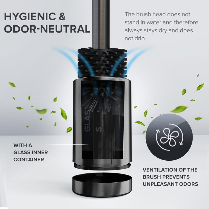 Торцева щітка для унітазу Arosund | Силіконова щітка для унітазу | З вентиляцією | Свободно стояча | Головка щітки з нержавіючої сталі | З резервуаром для мийного засобу | Знімний піддон для крапель | Щітка для унітазу (Gunmetal)