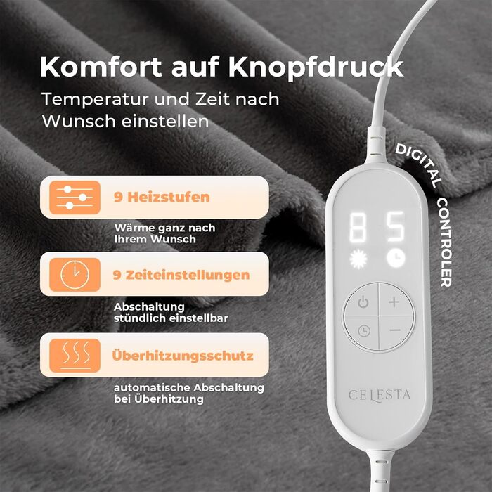 Електрична ковдра Celeste з автовимкненням 180x130 см, 9 рівнів нагріву, таймер, для софи, ліжка та офісу, темно-сіра